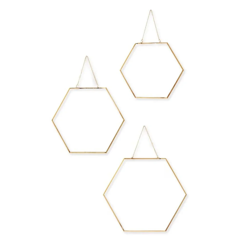 brand new Set of 3 Wild Sage Hexagon Goldtone Wall Mirrors with Chains